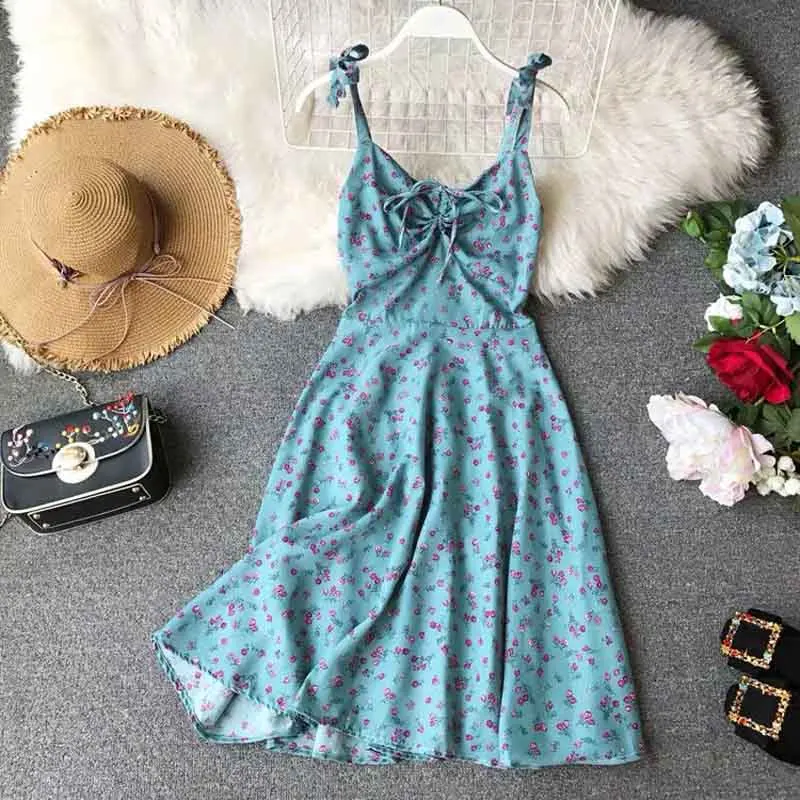 

2019 New Women Butterfly Knot Lace-up Pleated Sweet Summer Dress Sleeveless High Waist Printed Ladies Casual Chiffon Vestidos
