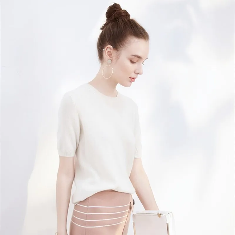 HZYRMY Spring Summer New Women's Wool knit half-sleeve bottoming shirt O-collar Solid color Loose Fashion soft Cashmere pullover