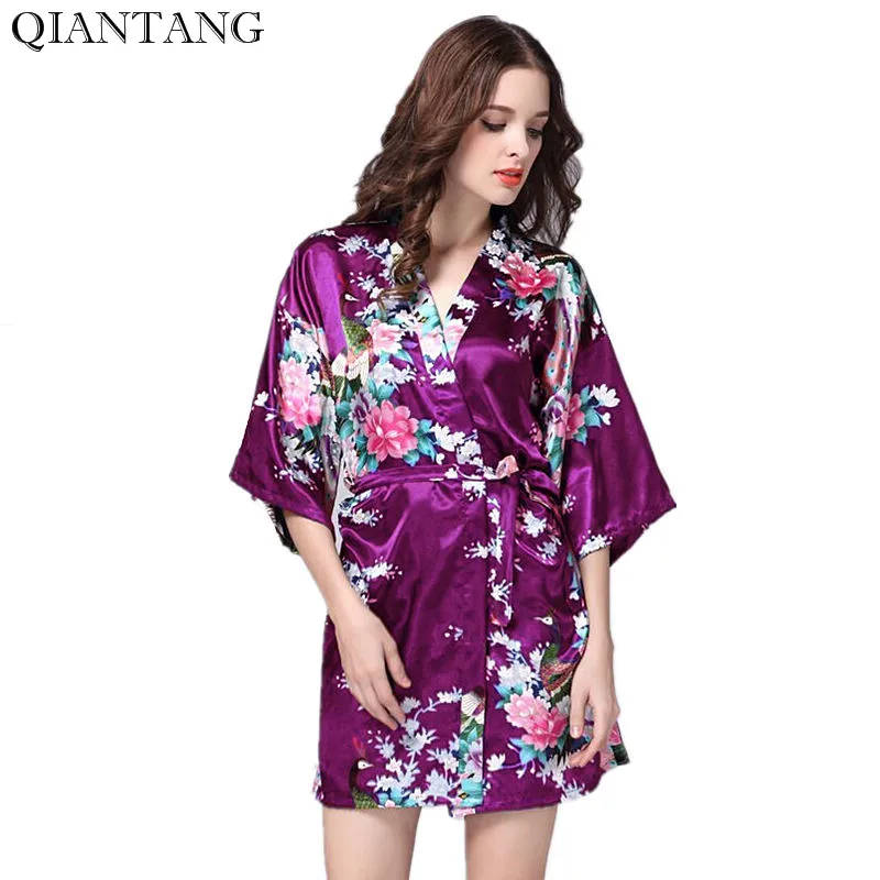 

Purple Womens Mini Robe Hot Lady Faux Silk Kimono Bath Gown Sexy Bathrobe Nightgown Mujer Pijama Size S M L XL XXL XXXL S0J35