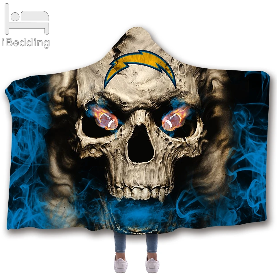 

Los Angeles Chargers NFL Football Logo Skull 3D Printed Plush Hooded Blanket for Adults Kid Warm Wearable Fleece Throw Blankets