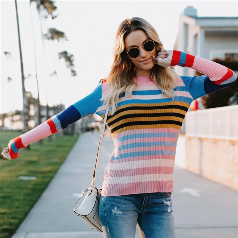 

Bellflower women autumn winter knitted rainbow sweaters colorful striped print slim fashion knitting pullovers Long sweater