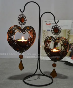 

European classical metal iron candlestick Bohemia crystal glass hanging double love Candlestick ornaments
