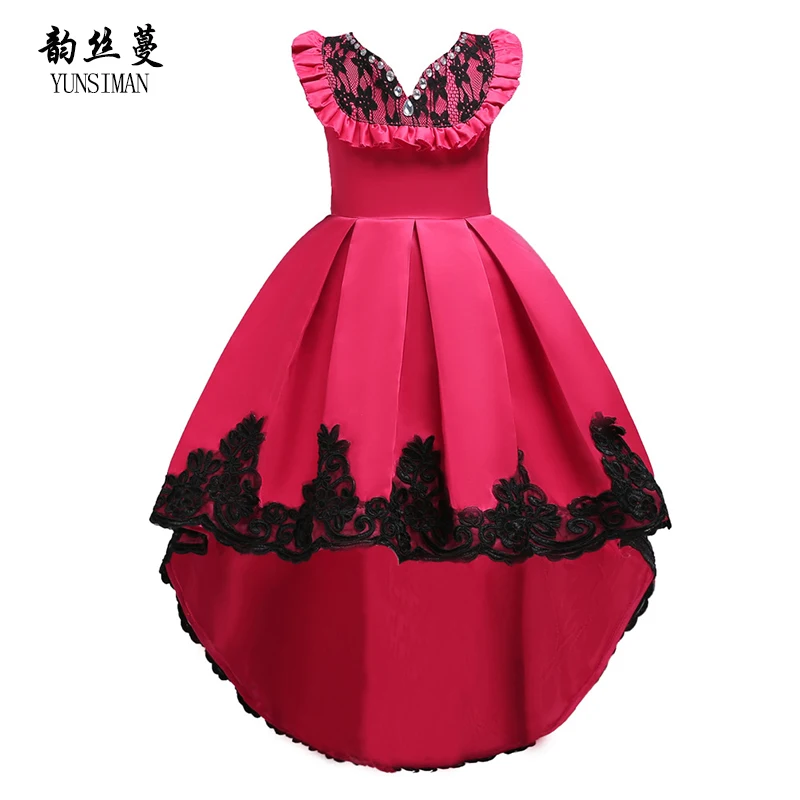 

Brand Kids Girls Tail Dress Flower Pearls Blue Rose Red Wedding Party Dresses Size 4 6 8 10 12 to 14 Y Children Clothing 1M33A