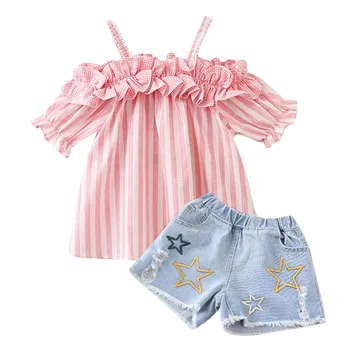 

SZYADEOU Summer Toddler Kids Baby Girls Outfits Clothes Stripe Pleated T-shirt+Denim Shorts Set Infant Clothing Wholesale L4