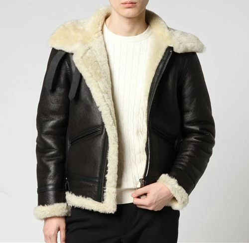 

men's genuine leather coat woolen lining liner real sheepskin pilot bullet jacket warm thick clothing for winter black plus 3xl