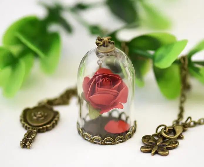 1PC Beauty and the Beast Necklace Rose in Terrarium Pendant His Beauty/Her Beast Valentines Day Fairy Tale Movie Victorian