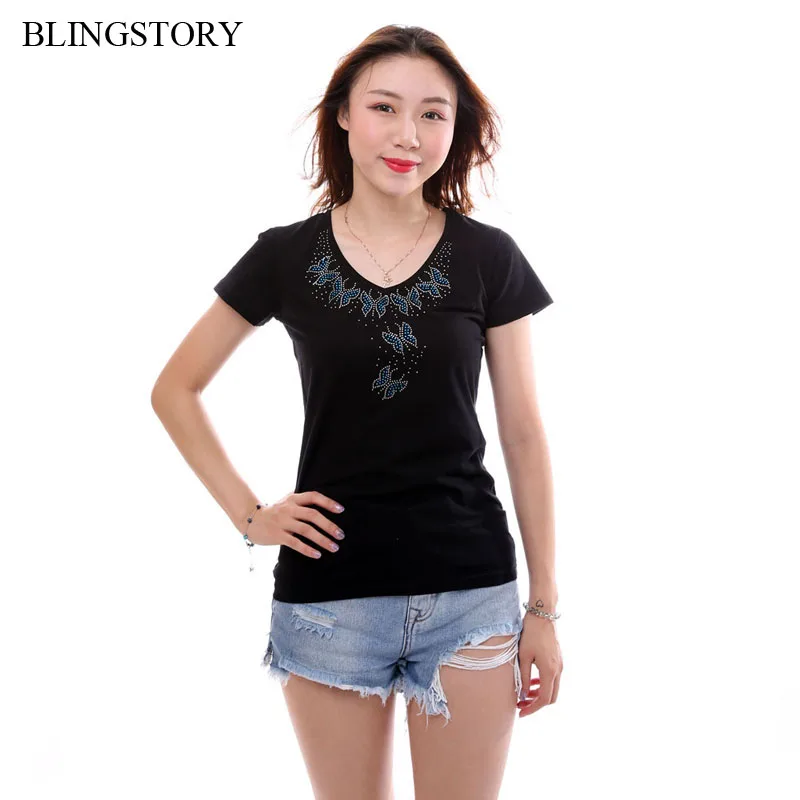 BLINGSTORY со стразами короткий рукав плюс размеры хлопковая футболка Diamond Mid-age для женщин футболка Прямая поставка LP5209007