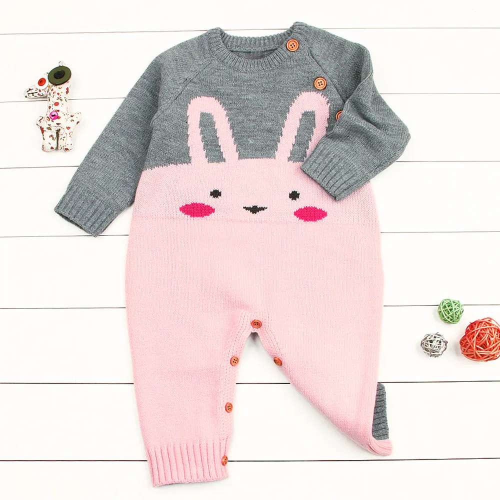 Милый кролик из мультфильма для новорожденных мальчиков и девочек, трикотажный комбинезон с длинными рукавами, комбинезон, теплая мягкая одежда
