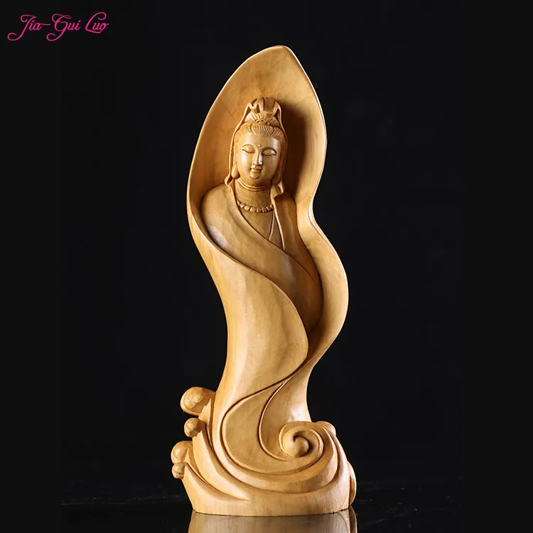 Goedkoop JIA GUI LUO Creatieve buxus carving home decor houten ambachten Chinese Boeddha sculptuur lotusblad Guanyin gift A019
