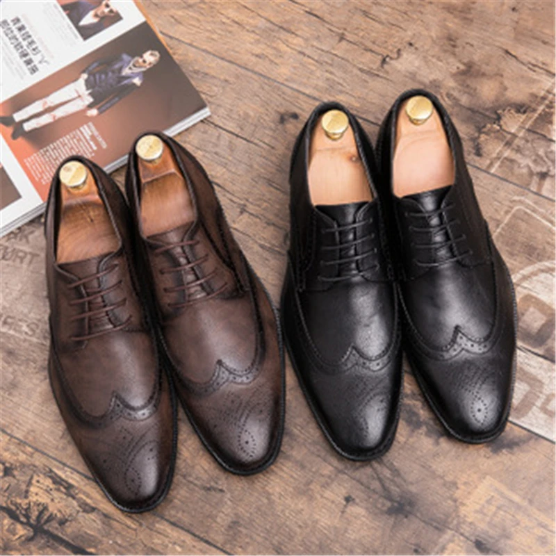 Casamento Apontado Dedo Sapatos Couro marrom Homens Do up Preto Brogue Apartamentos Ocasional De 02a Vestido Masculinos Erkek Lace Ayakkabi Vintage x6BwnPtEw