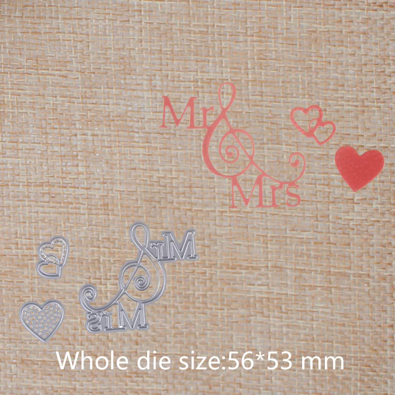 

Heart and 'Mr' 'Mrs' Letters Metal Cutting Dies For DIY Scrapbooking Embossing Photo Album Paper Cards mold 56*53 mm