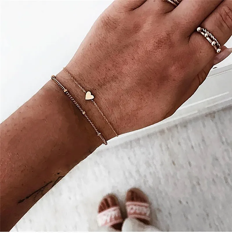 Женский 2 шт./компл. минималистичный Золотой Серебряный цвет маленькая любовь звено цепи браслеты для дружбы Шарм для браслетов в романтическом стиле браслеты ювелирные изделия