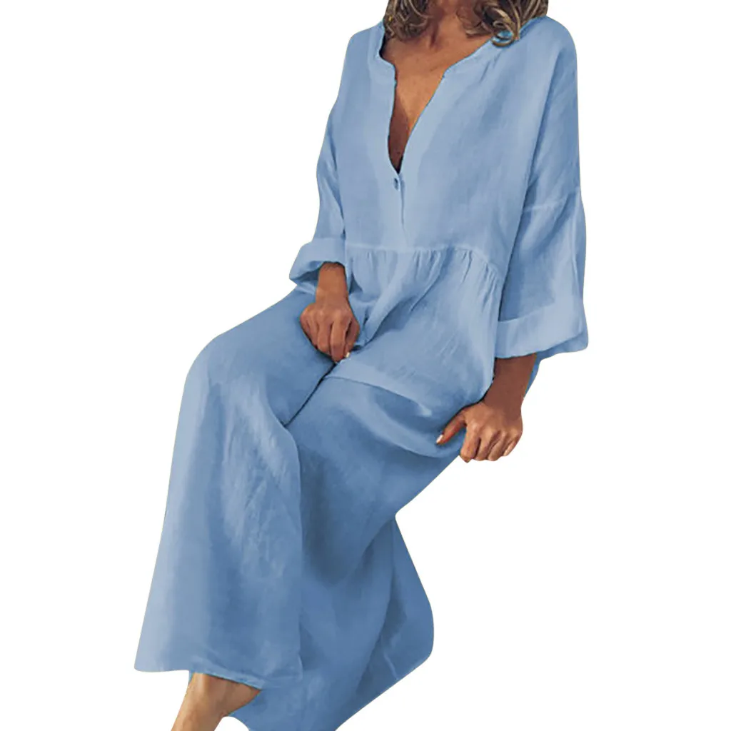 

2019 Summer Sundress Women Beach Bohemian Straight Long Sleeve Linen Dress Loose Party Button Ankle-Length Dress L604