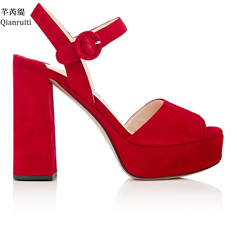 

Qianruiti Red Faux Suede High Heels Women Sandals Summer Block Heels Women Platform Shoes Peep Toe Buckle Strap Women Pumps