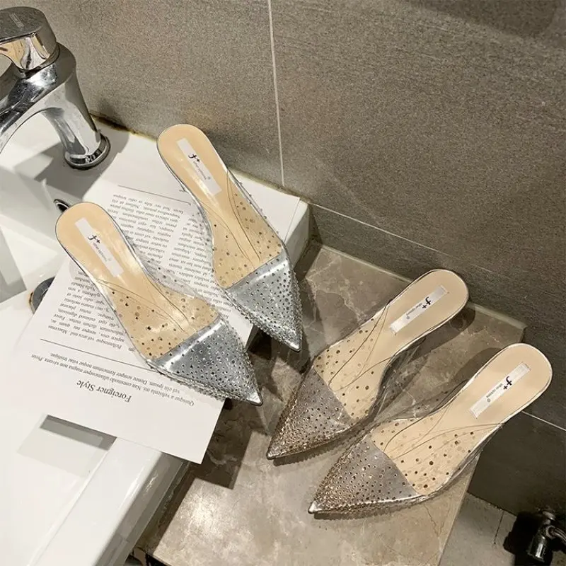 

Women Summer High Heels Mules Slippers Ladies Sexy Pointed Toe Transparent Lycra Crystal Outside Shoes Woman Fashion Footwear
