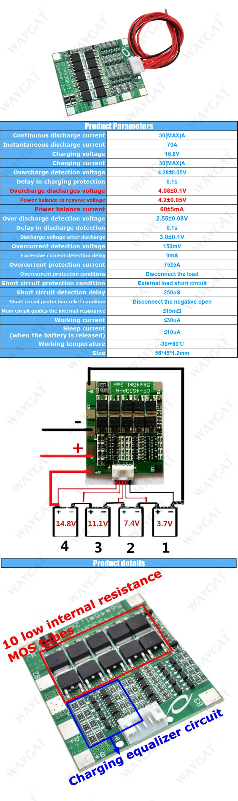 WAVGAT 4S 30A 14,8 V литий-ионный аккумулятор 18650 BMS пакеты PCB Защитная плата баланс Интегральные схемы