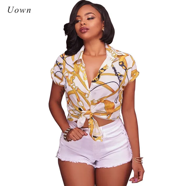 Chain Printed Shirt Women Chiffon Tops 2017 Fashion Short