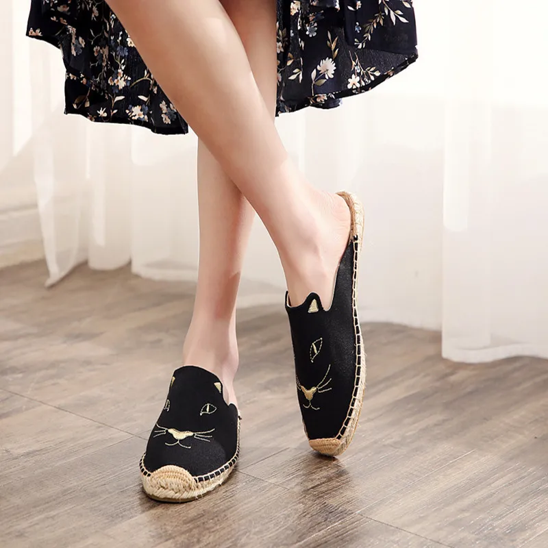 2019 Summer New Female Embroidery Cats Sippers Round Toe Lady Flat Espadrilles Slide Fisherman Shoes Slip On Women Beach Sandals (13)