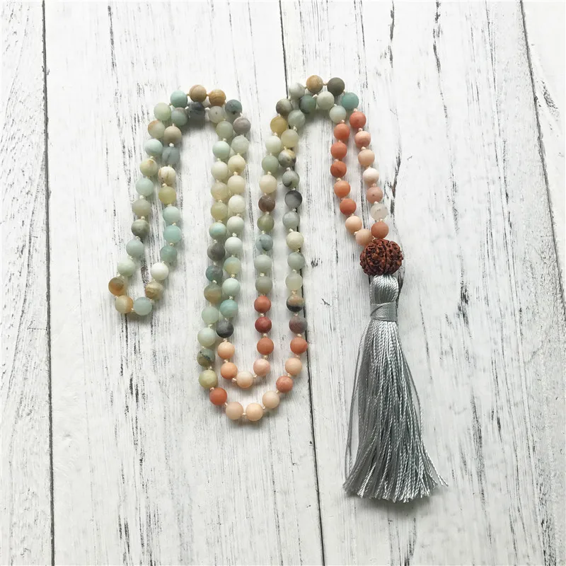 

108 Knotted Mala Beads Necklace Meditation Prayer Necklace Matte Amazonite & Pink Aventurine Mala Beads For Courage Truth Joy