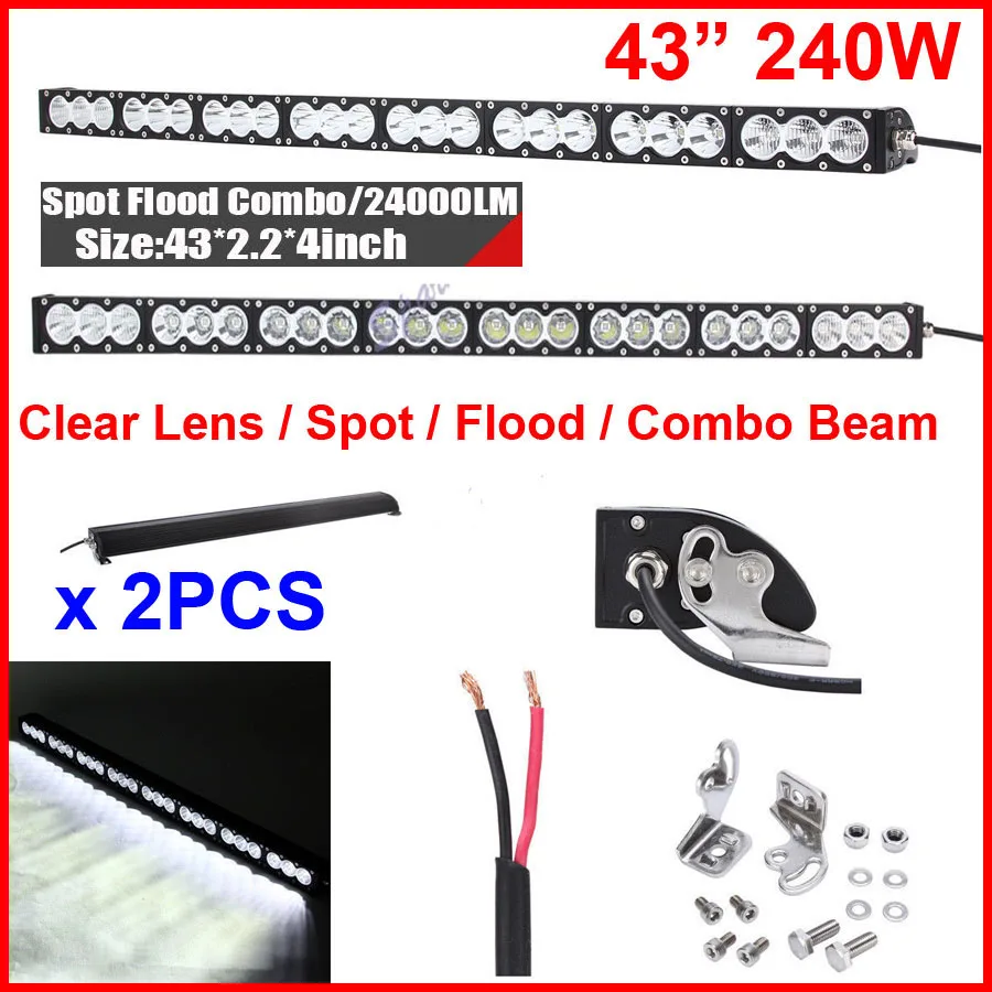 

2PCS 43" 240W CRE 24LED Driving Work Light Bar Clear Lens Offroad SUV ATV 4WD 4x4 Spot / Flood / Combo Beam 24000lm 9-70V IP67