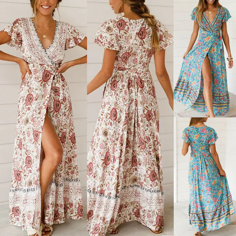

New Style Women Dresse Summer Floral Boho Party Beach Deep V Neck Bandage Print Floor Length Split Short Sleeve Long Dress 2019