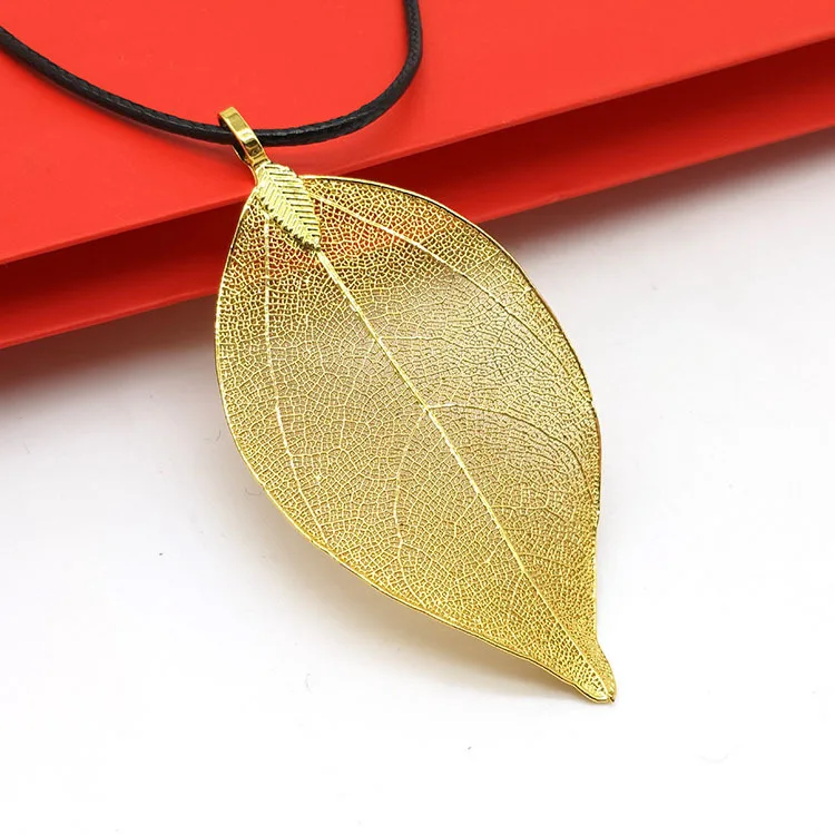 New Gold Leaf Pendant, Natural 24K Gold plated Leaf Necklace, Long