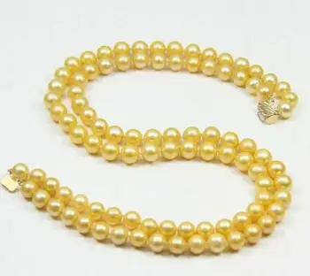 

double strands round 9-10 mm gold pearl necklace 18"-19"