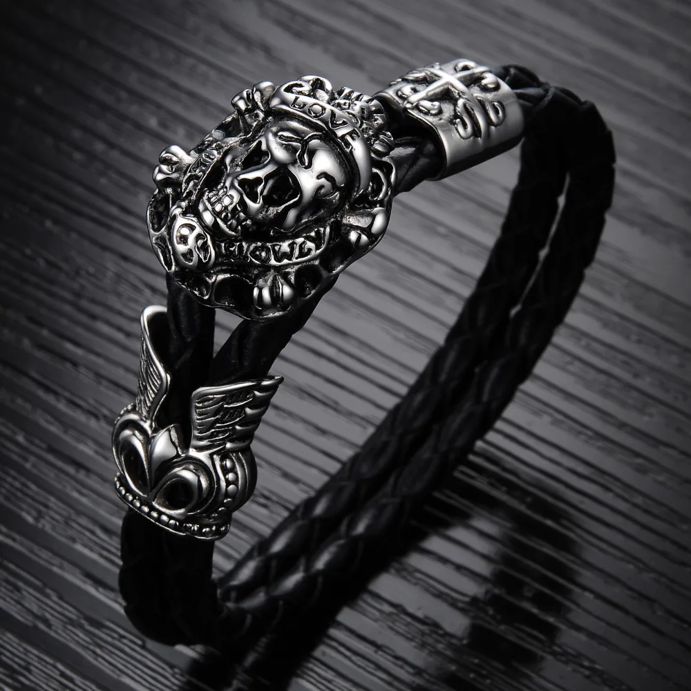 Fate Love Genuine Leather Men's Bracelet Skull Bangles Stainless Steel Chain Punk Wristband Men Jewelry Best New Year Gift FL845