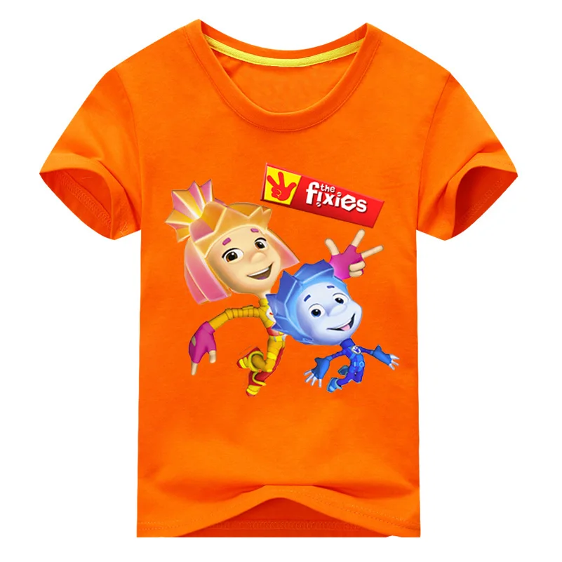 Детская одежда с фиксиками, футболка, костюм для девочек, футболки с героями мультфильмов, топы, одежда летняя футболка для мальчиков, одежда детская повседневная футболка, DX119 - Цвет: Orange Shirt
