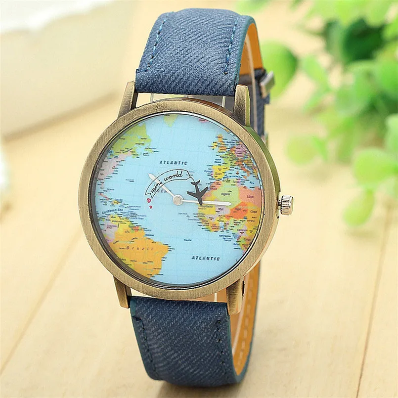 

New Fashion Design Global Travel By Plane Map Women Dress Watch hours clock Denim Fabric Band Wristwatches 80709