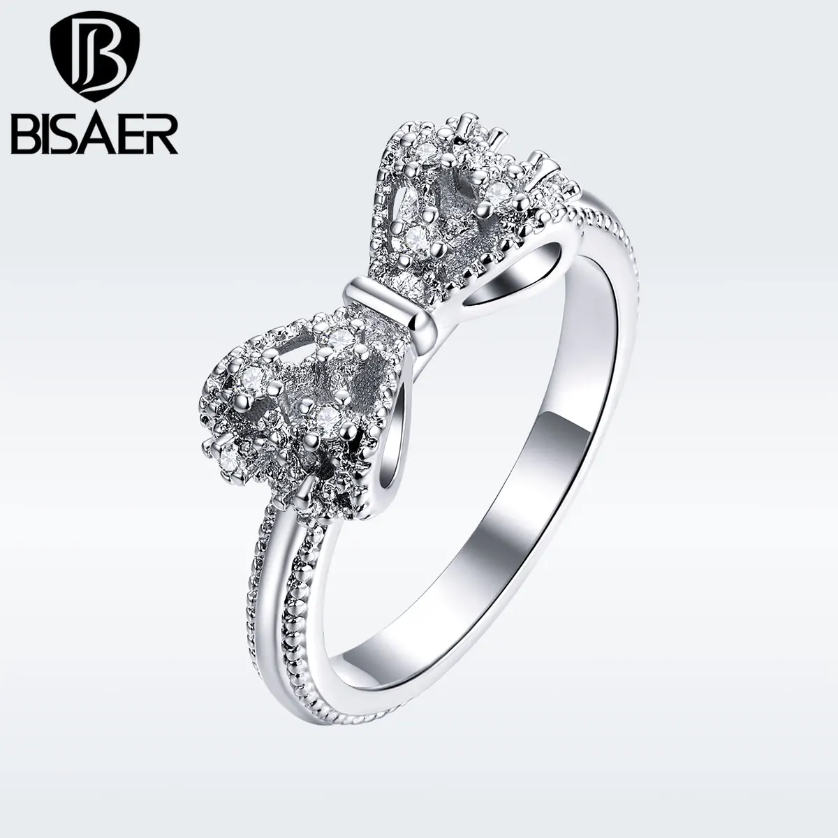 

BISAER Elegant Bowknot Clear CZ Girl Crystal Finger Rings for Women Wedding Statement Jewelry Bijoux GSR201