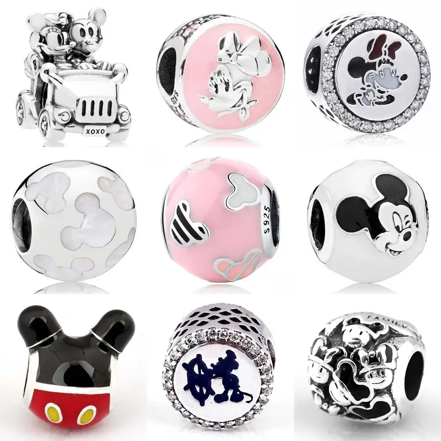 

Enamel Rock Dots Mickey and Minnie Vintage Car Silhouettes Charm Fit Pandora Bracelet 925 Sterling Silver Bead Charm DIY Jewelry