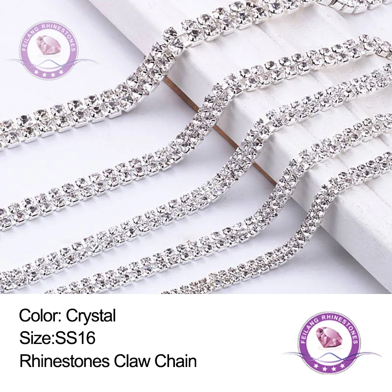 

1 Yard ss16 2-Row Crystal Clear Rhinestone Claw Chain Sewing on Chain Silver Base Trim for Decoration Garment Accessories