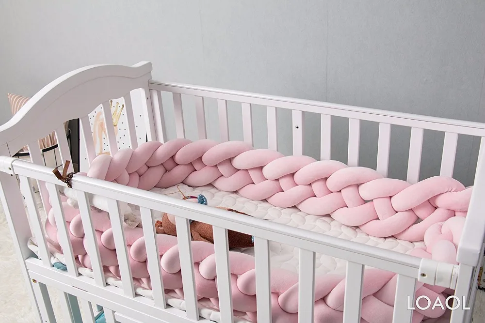 2 Meters, Whi Baby Crib Bumper Knotted Braided Plush Nursery Cradle