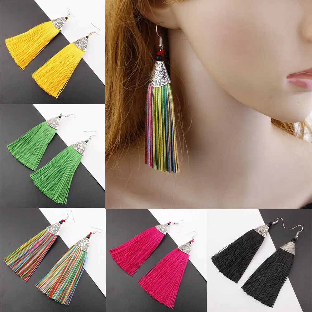 

Women Fashion Bohemian Earrings Boho Hook Drop Dangle Long Tassel Fringe Earring