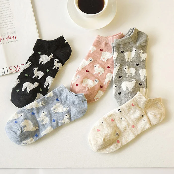 5 пар, женские милые носки, модные жаккардовые повседневные женские Носки с рисунком альпаки, хлопковые носки для девочек с антифрикционным эффектом, Meias Sox Hosiery - Цвет: F free color