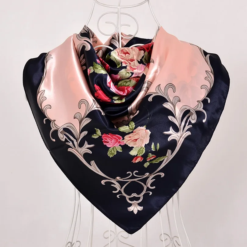navy blue pink 535 Весна и осень женский атласный шарф, большой квадратный шарф с принтом, женский шарф, фиолетовый полиэстеровый шелковый шарф, шаль 90*90 см - Цвет: navy blue pink 535