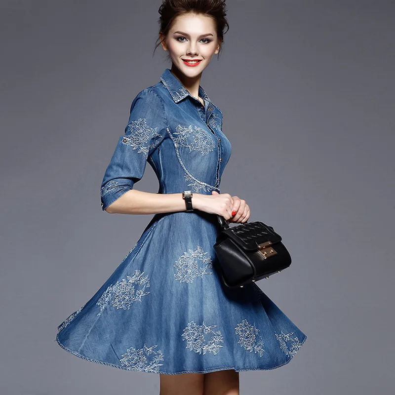 

2019 denim dress women plus size Mid-Calf dress slim embroidery party dress