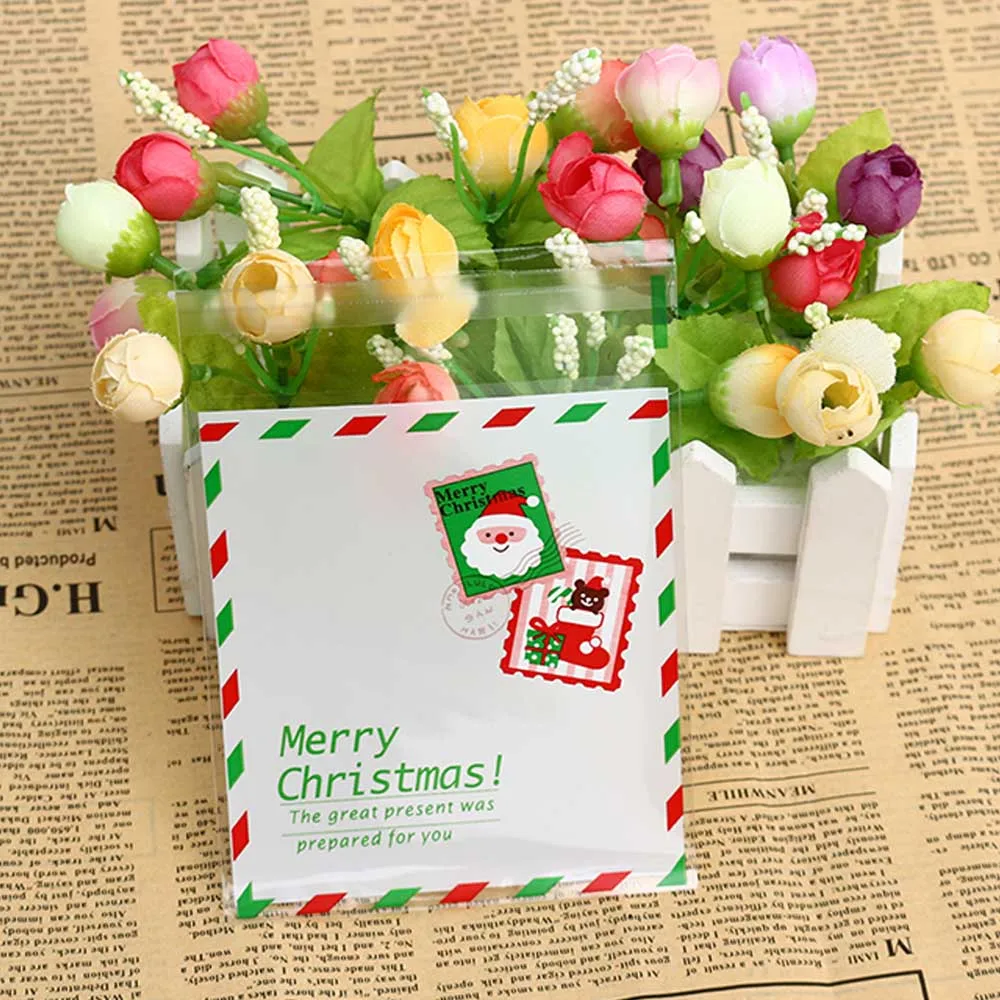 

100pcs/pack Christmas Santa Claus Cookie Packaging Plastic Bags 9 Styles Self-adhesive Merry Christmas Candy Bags