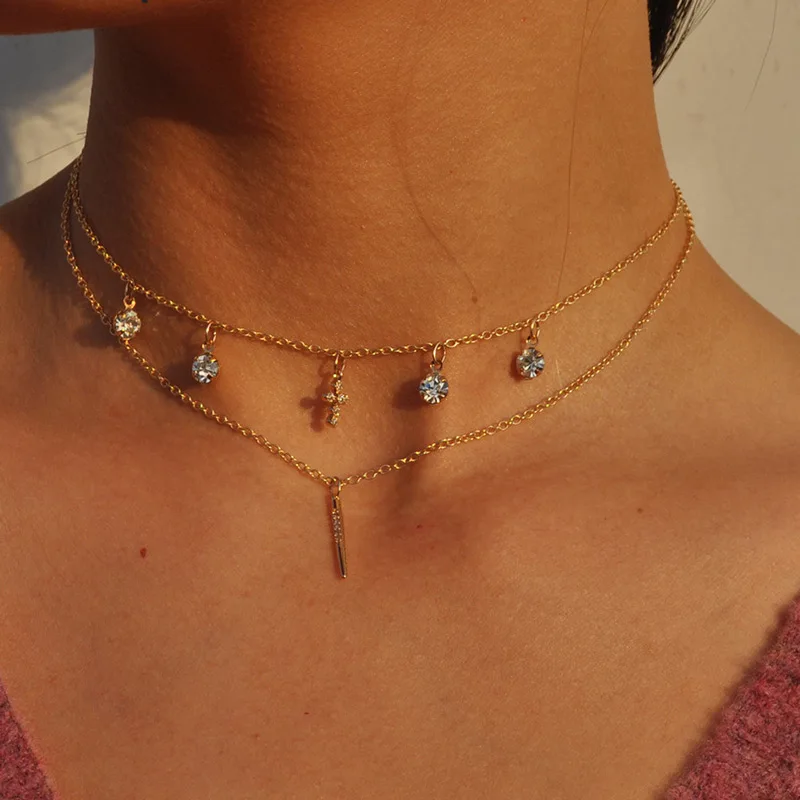 Vintage Statement Bohemain Jewelry For Women Handmade Mulit Chains Cross Necklace Layered Chain Gold Color Crystal Necklaces (1)