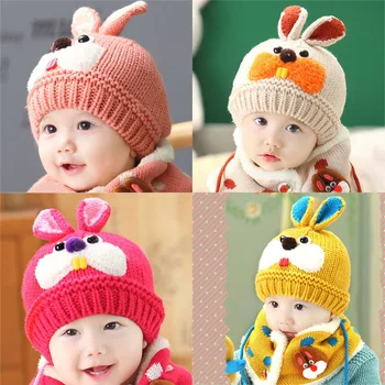 

2018 Winter Warm 2 pcs/set Baby Cute Rabbit Hat Soft Knitted Woolen Beanies Caps Hooded Hat And Scarf Neck Warmers Suit For Baby