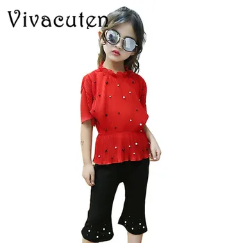 

2018 Summer Girls Clothing Sets For 3-13Y Kids Shirts + Pants 2pcs Pink Red Teenage Baby Girls Chiffon Beading Clothes Sets H099