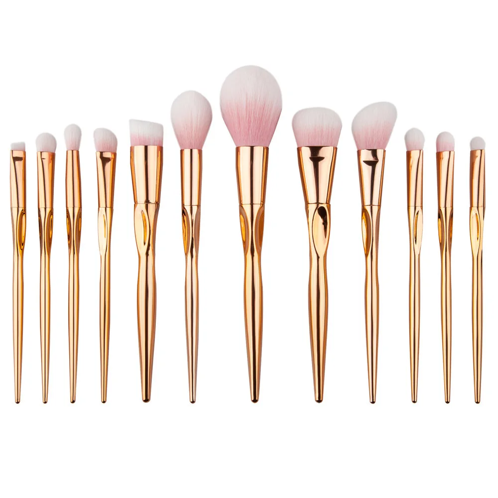 

GUJHUI 12 Pcs Diamond Rose Gold Make Up Brush Soft Pink Hair Foundation Blusher Powder Brush Professional Makeup Tools Kits