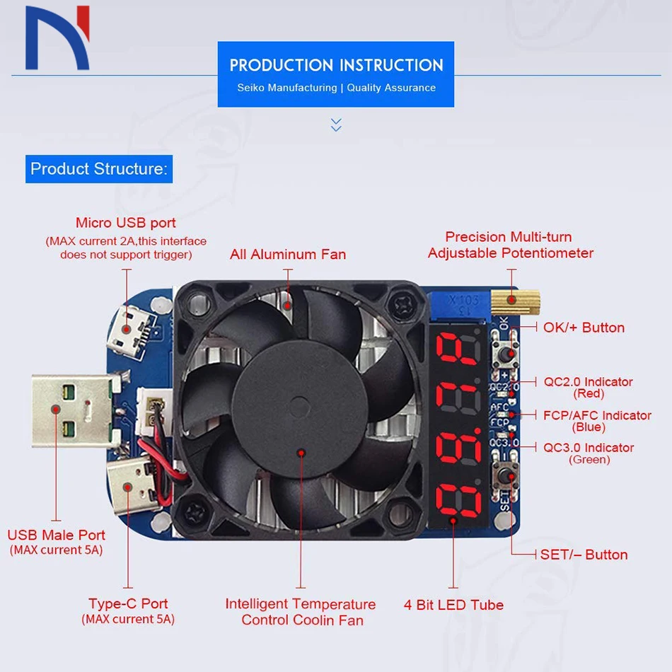 

Aokin HD25 HD35 Trigger QC2.0 QC3.0 Electronic USB Load resistor Discharge battery test adjustable current voltage 25W 35W