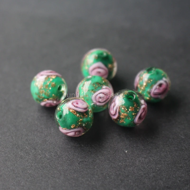 10Pcs/Lot 10mm 12mm Handmade Lampwork Flower Beads Green Color With Gold powder Japanese Style for jewelry | Украшения и
