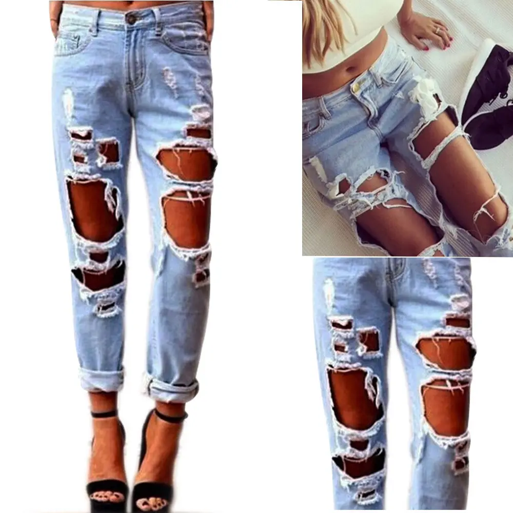 2015 Jeans Woman Knee Loose Pants Slim Denim Ripped Boyfriend Jeans For ...