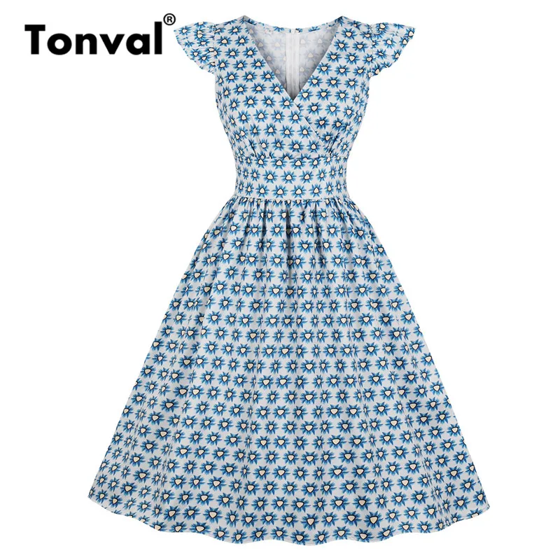 

Tonval Blue Print High Waist V Neck Pinup Dress Fit and Flare Cap Sleeve Summer Dress Women Vintage Pleated Midi Dresses