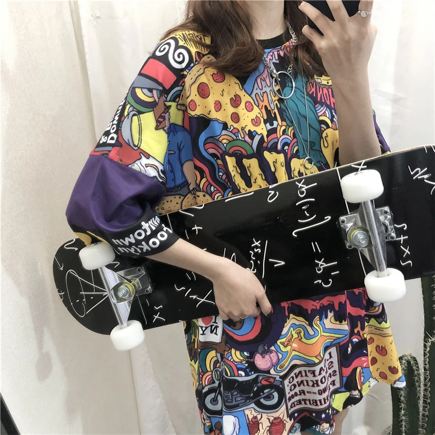 2019 الصيف أزياء تي شيرت اللباس النساء قميص اللباس فضفاض المتناثرة عارضة الكتابة على الجدران طباعة تيز الهيب هوب الشارع الشهير التي شيرت فاسق 2019 الصيف أزياء تي شيرت اللباس النساء قميص اللباس فضفاض المتناثرة عارضة الكتابة على الجدران طباعة تيز الهيب هوب الشارع الشهير التي شيرت فاسق