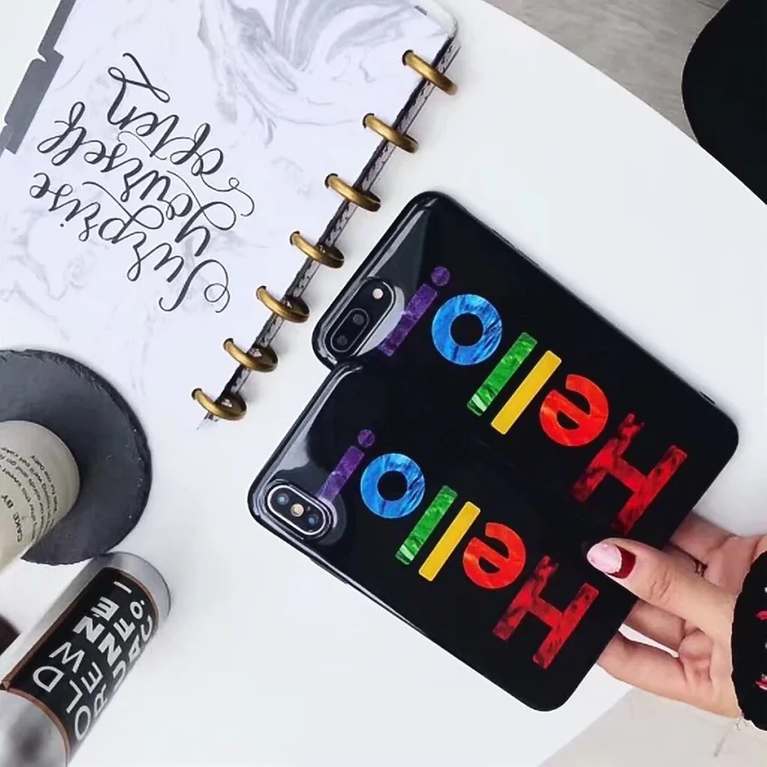Luxury Rainbow Glitter Phone Case For iPhone 7 8 Plus X  Hello Letter Print Soft TPU Cases Back Cover For iPhone 8 7 6 S Plus  (2)