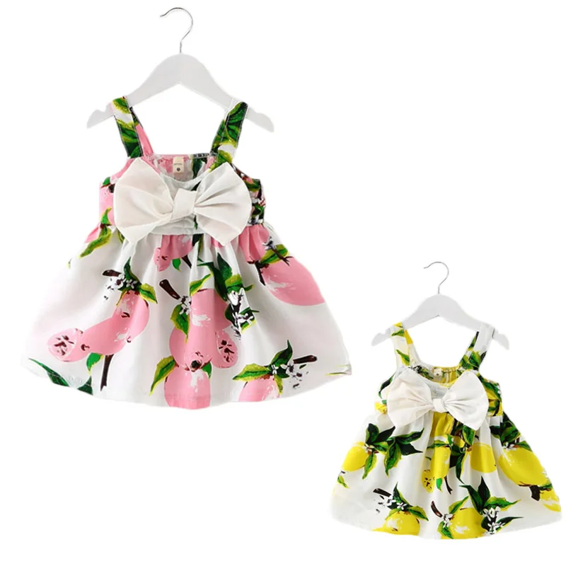 Платье с цветочным рисунком для маленьких девочек с большим бантом; Летнее Детское платье-комбинация с цветочным рисунком; платья принцессы Bebe; Детский сарафан с лимонами; Vestidos